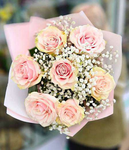 Розовые розы и гипсофила