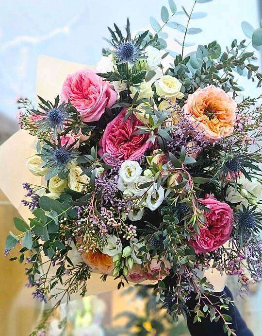 Винтажный букет: пионы, розы и эрингиум (XXL) 1