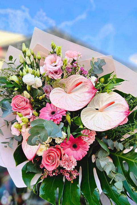 Pink Anthurium & Monstera Bouquet 1