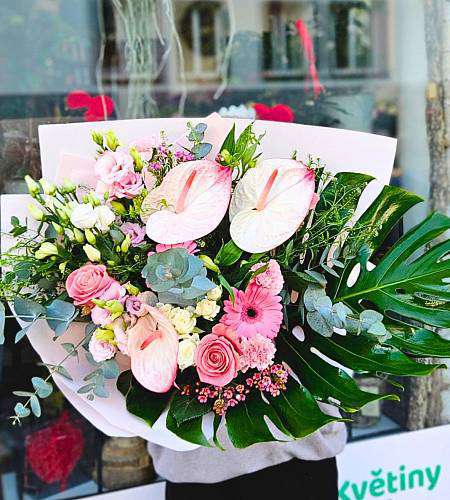 Pink Anthurium & Monstera Bouquet